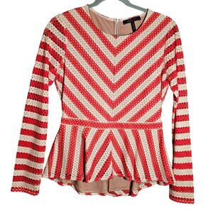 BCBGMAXAZRIA Red  White Long Sleeve Peplum Top Back Zipper Womans